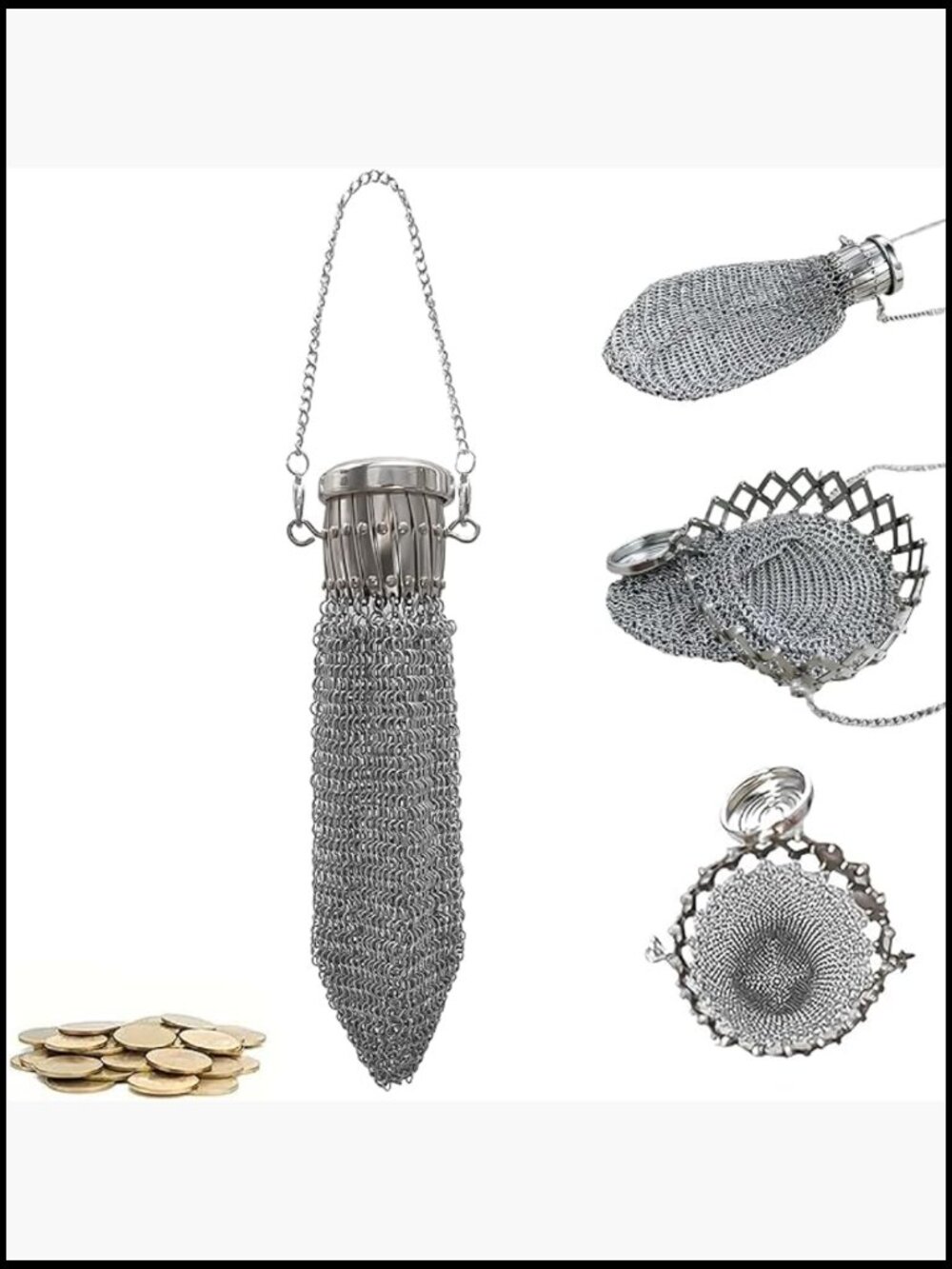 Vintage Coin Purse Wallet Chain Metal Mesh Double Mesh Holder For Coins Dice